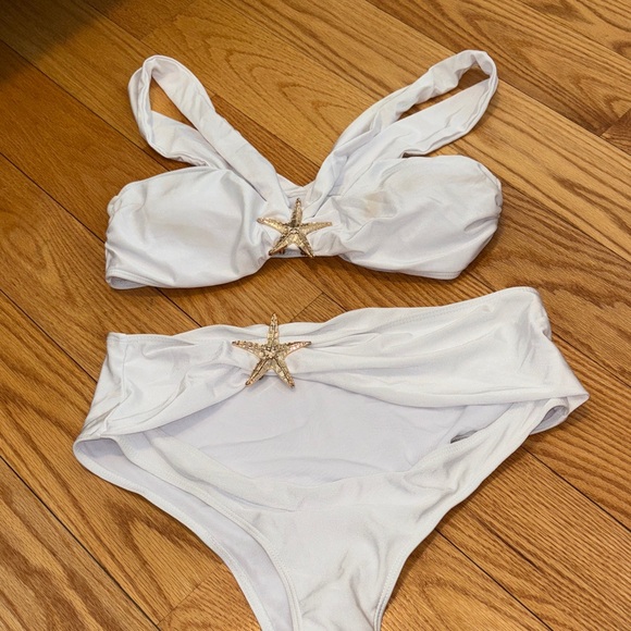 Other - White Bikini Three Piece Set with Gold Starfish Accents